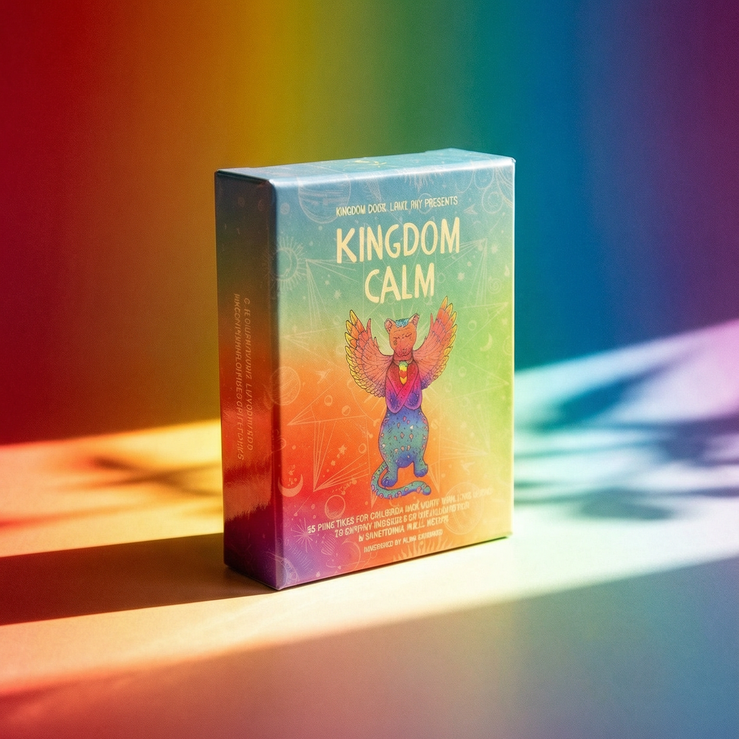 Colorful box labeled 'Kingdom Calm' on a rainbow-colored background