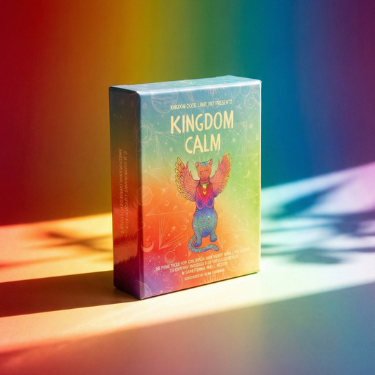 Colorful box labeled 'Kingdom Calm' on a rainbow-colored background