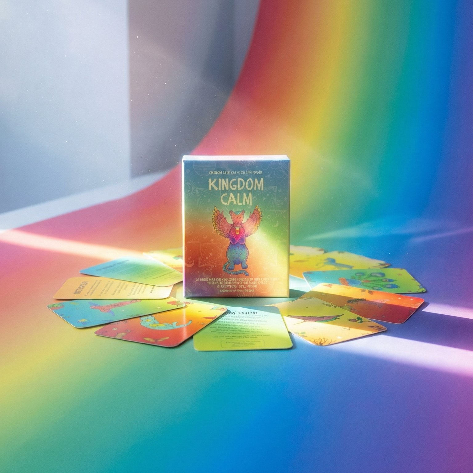 Colorful card game with a box on a gradient background