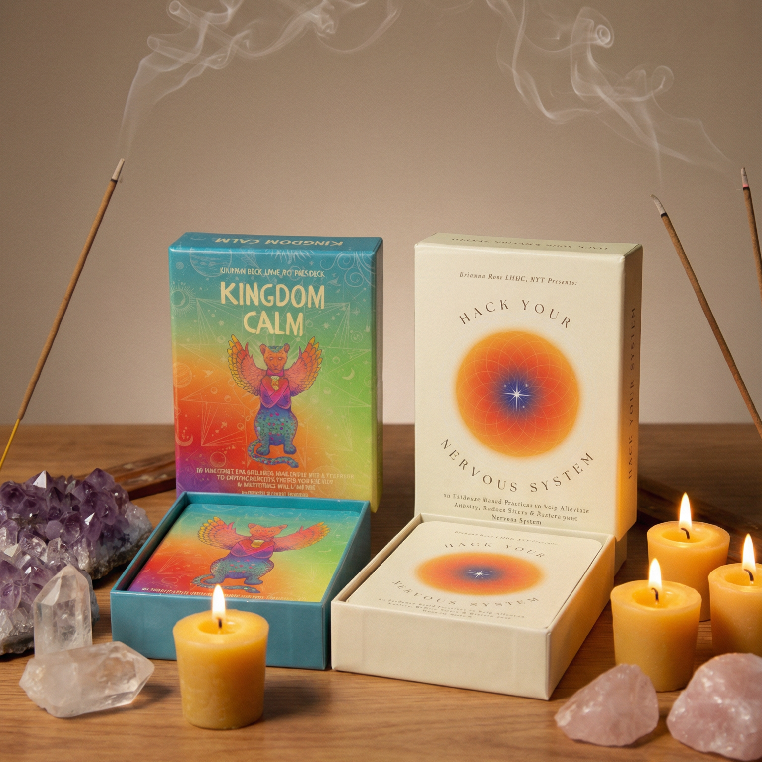 Candle, books, and incense on a wooden surface with smoke in the background